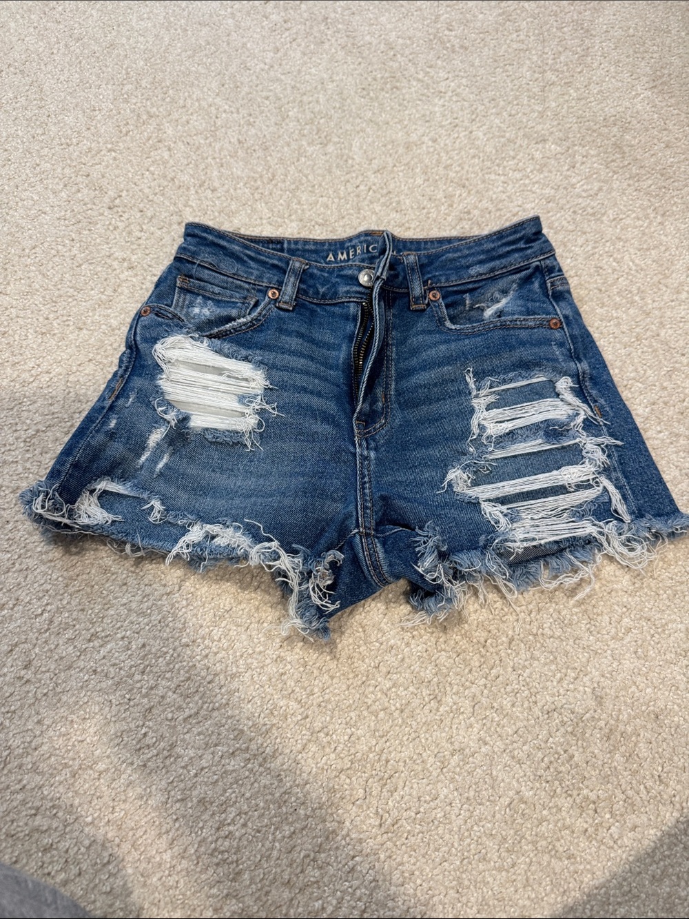 American Eagle Outfitters Distressed Dark Blue Ripped Denim Shorts